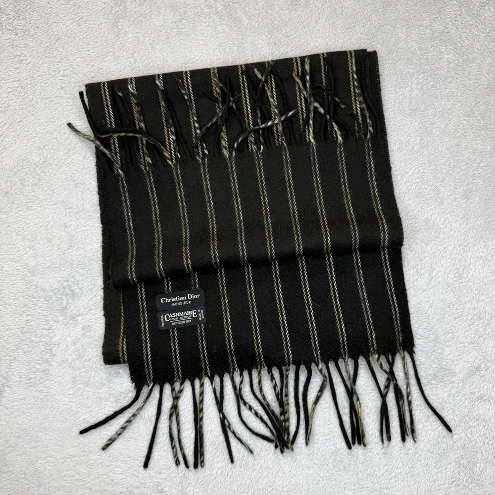 Vintage Christian Dior Monsieur Cashmaire Scarf Black Stripe Acrylic Japan